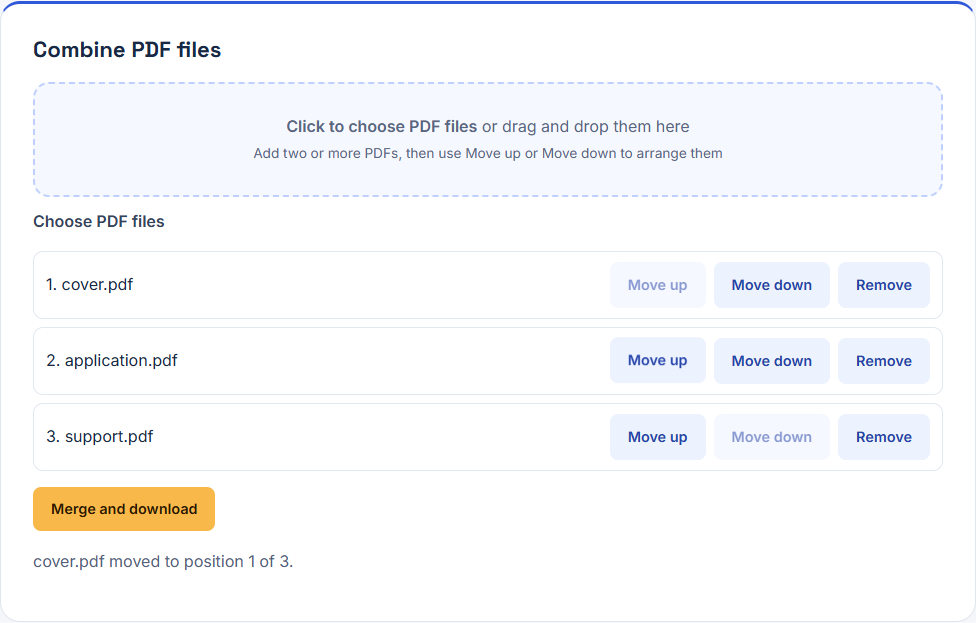 PDF queue with cover, application, and support files arranged using Move up and Move down controls.