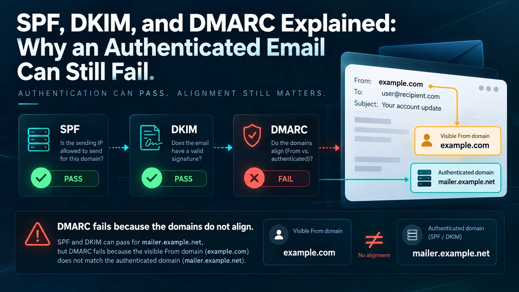 Email authentication comparison showing SPF and DKIM passing while DMARC fails because the authenticated sending domains do not align with the visible From address.