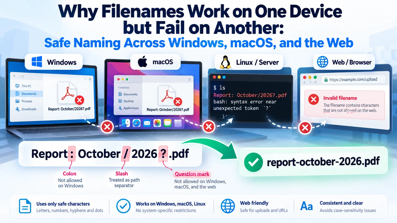 Comparison of a problematic filename across Windows, macOS, Linux, and a website, showing invalid characters, case-sensitivity differences, and a corrected portable filename.