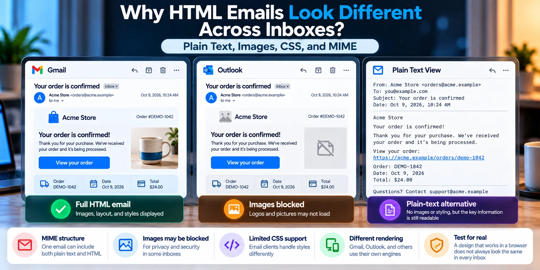 Comparison of the same email displayed as a styled HTML message, a version with blocked images, and a readable plain-text alternative, explaining email-client rendering differences.