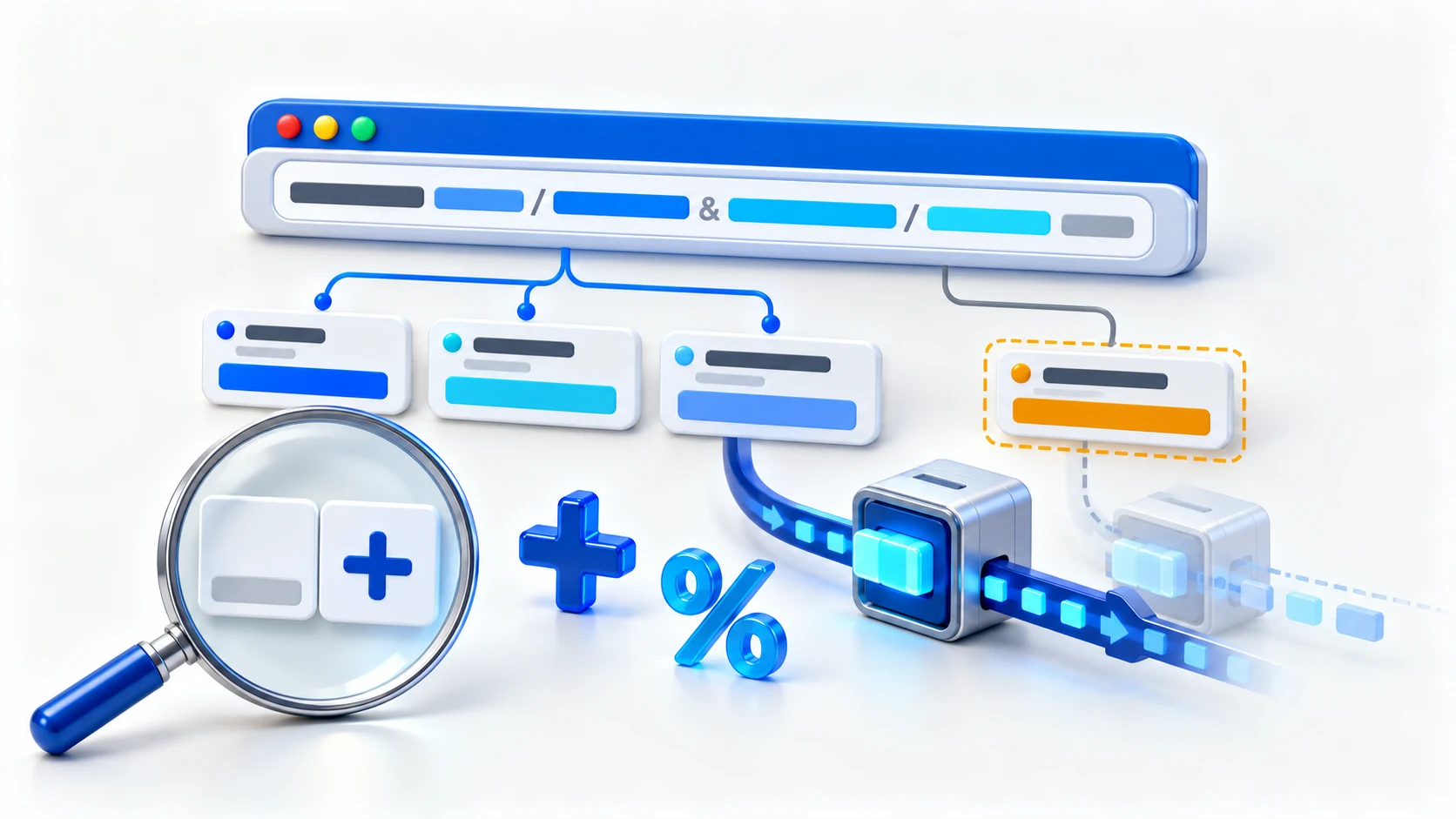 Editorial illustration comparing a space and a plus sign, with URL parameter cards and one versus two encoding stages.