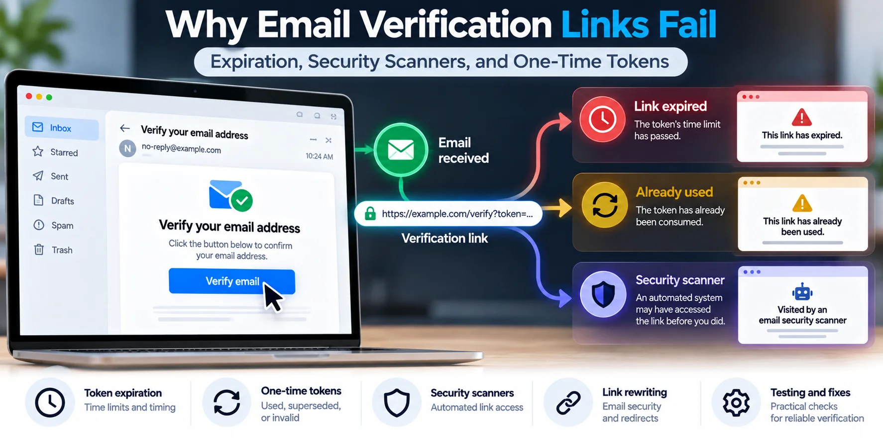 Email verification process showing a received message, a one-time verification link, and possible failure conditions including token expiration, link reuse, and automated security scanning.