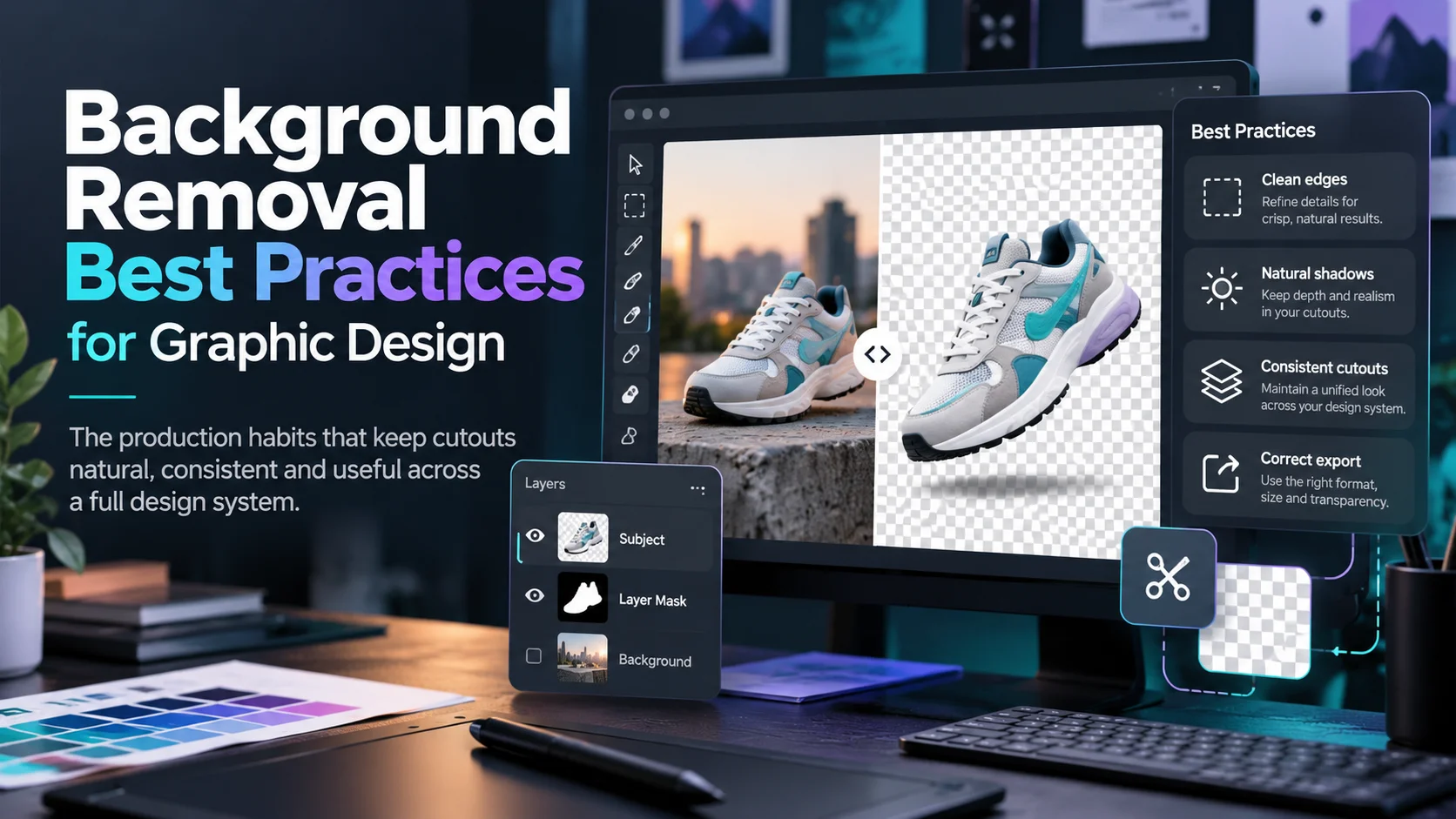 Design workspace comparing a sneaker photograph with a transparent cutout, alongside layer and edge-quality controls